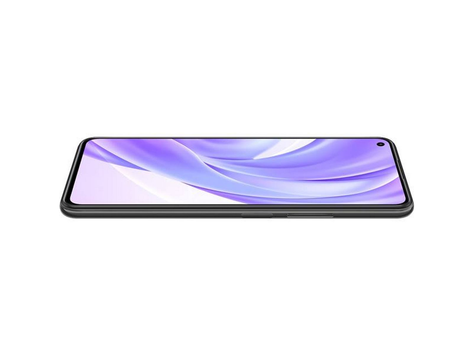 Smartphone von der Seite, schwarzer Rahmen, lila Bildschirm. Horizontale Ansicht auf weißem Hintergrund.