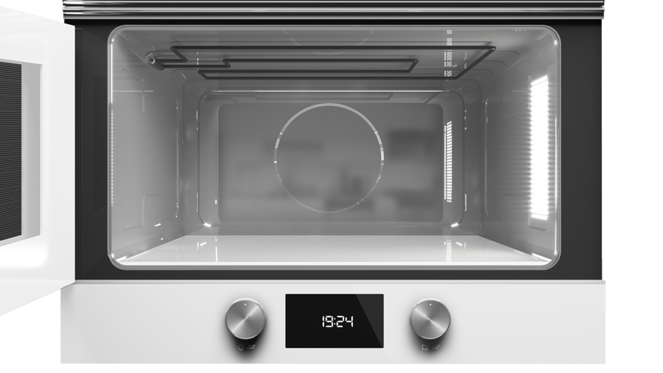 Biała kuchenka mikrofalowa z widocznym wnętrzem piekarnika. Wyświetlacz zegara cyfrowego. Czarna ramka i elementy sterujące.