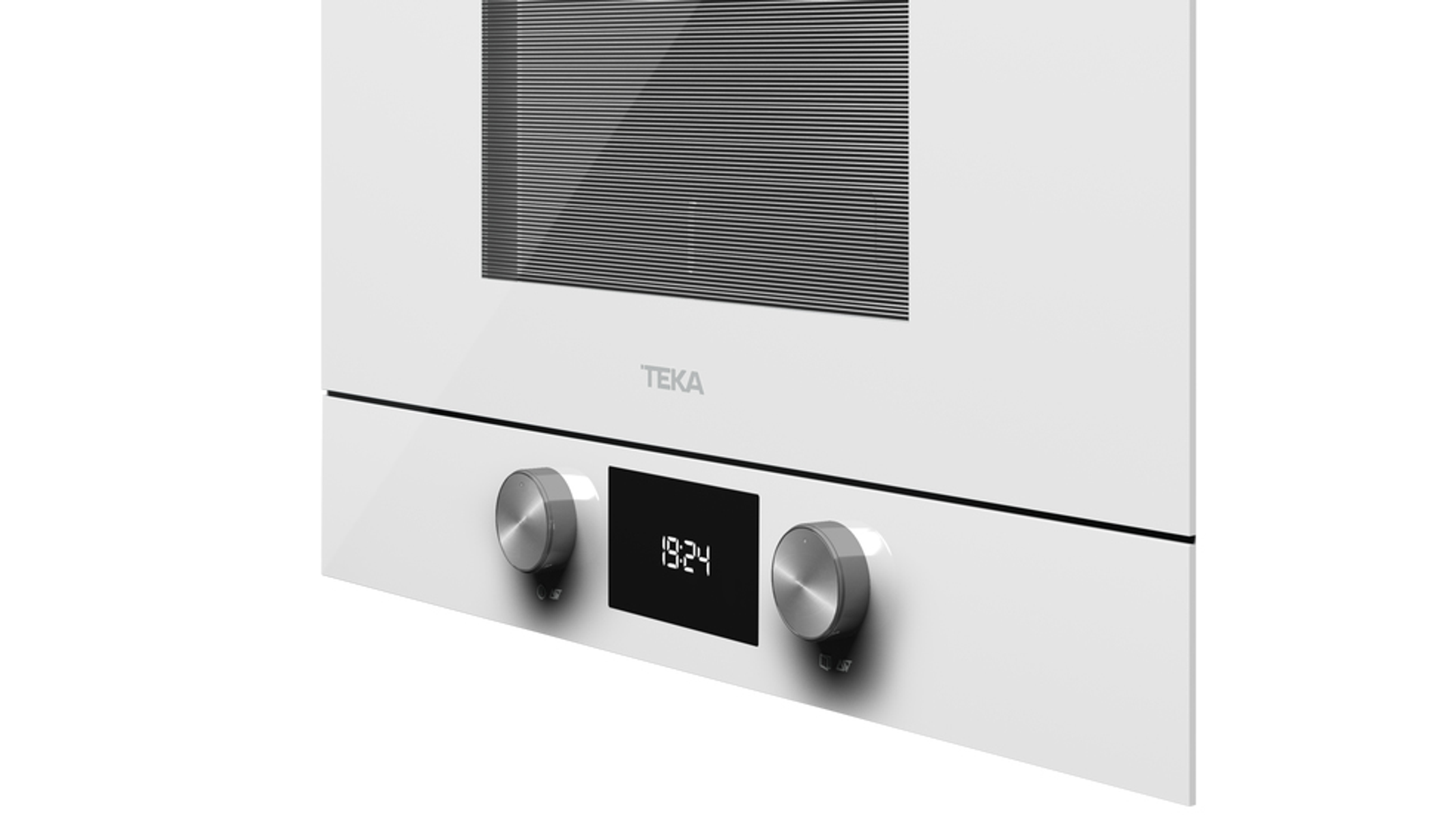 Biała kuchenka mikrofalowa marki Teka. Wyświetlacz cyfrowy i pokrętła sterowania.