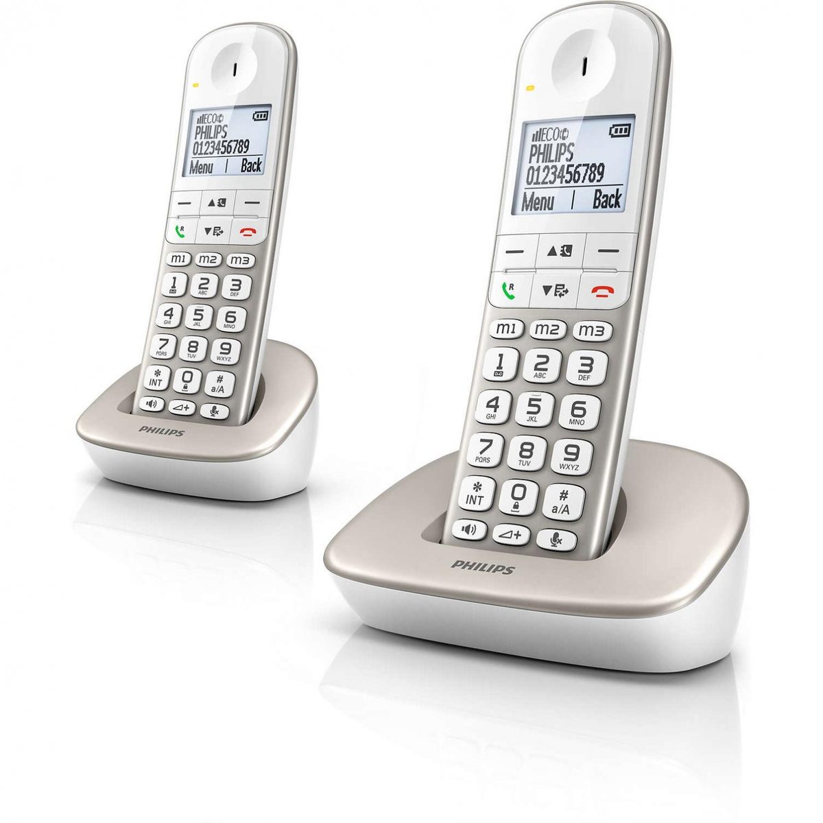 Dos teléfonos inalámbricos Philips blancos en sus bases de carga.