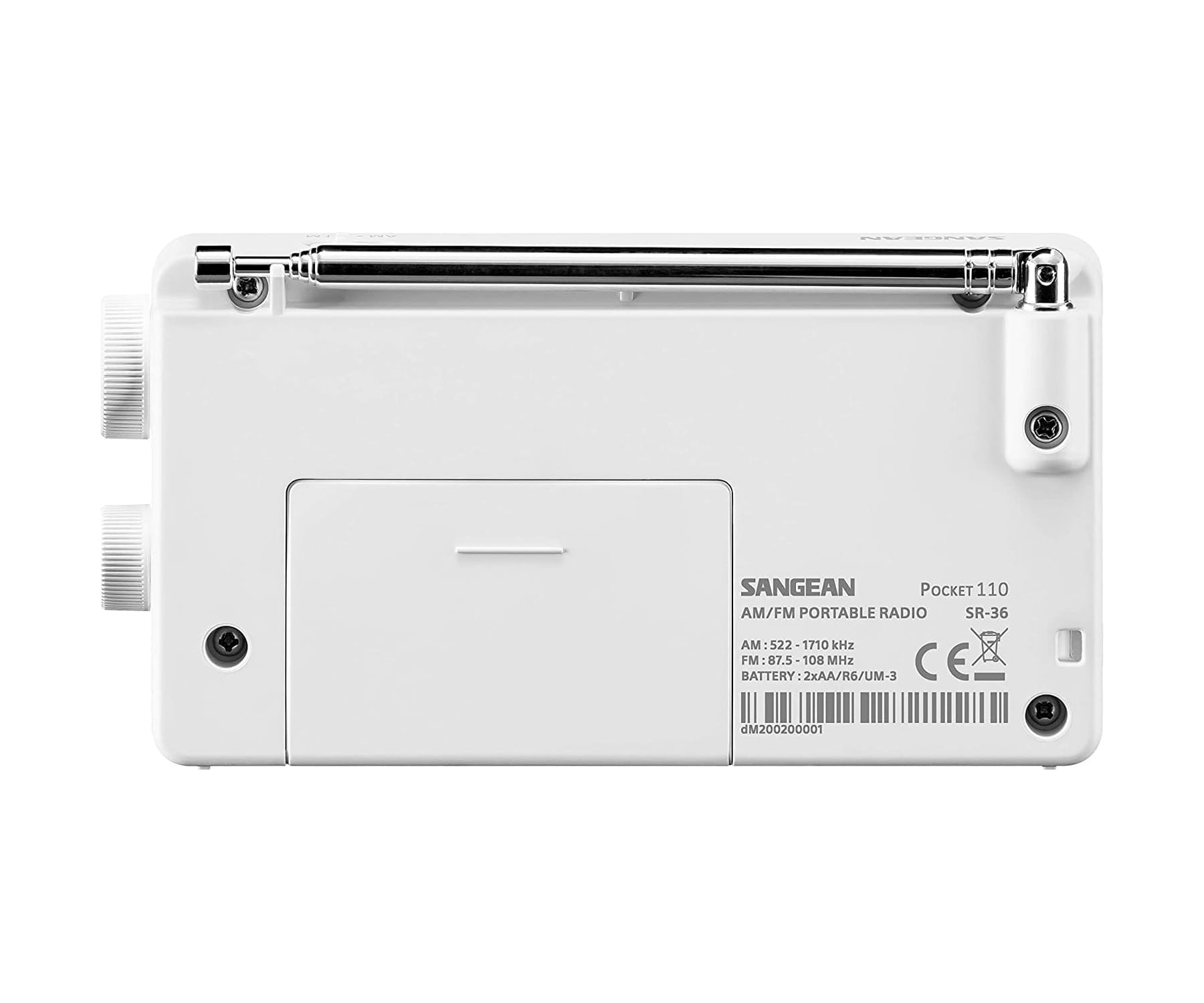 Białe radio przenośne, widok z góry. Sangean Pocket 110. Widoczne przyciski i antena.