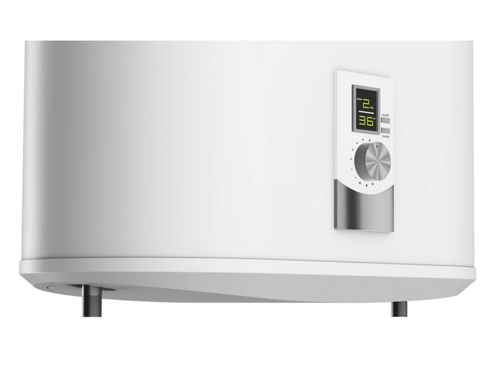 Calentador de agua blanco con panel de control. El panel muestra números y un dial.