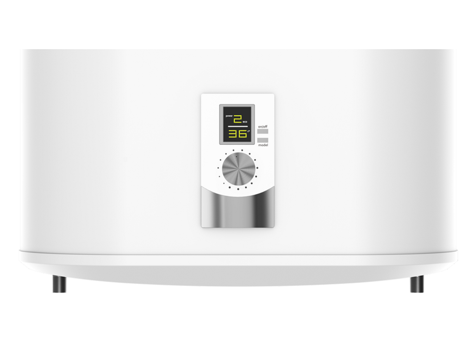 Un calentador de agua blanco con una pantalla digital. Muestra la temperatura y botones de control.