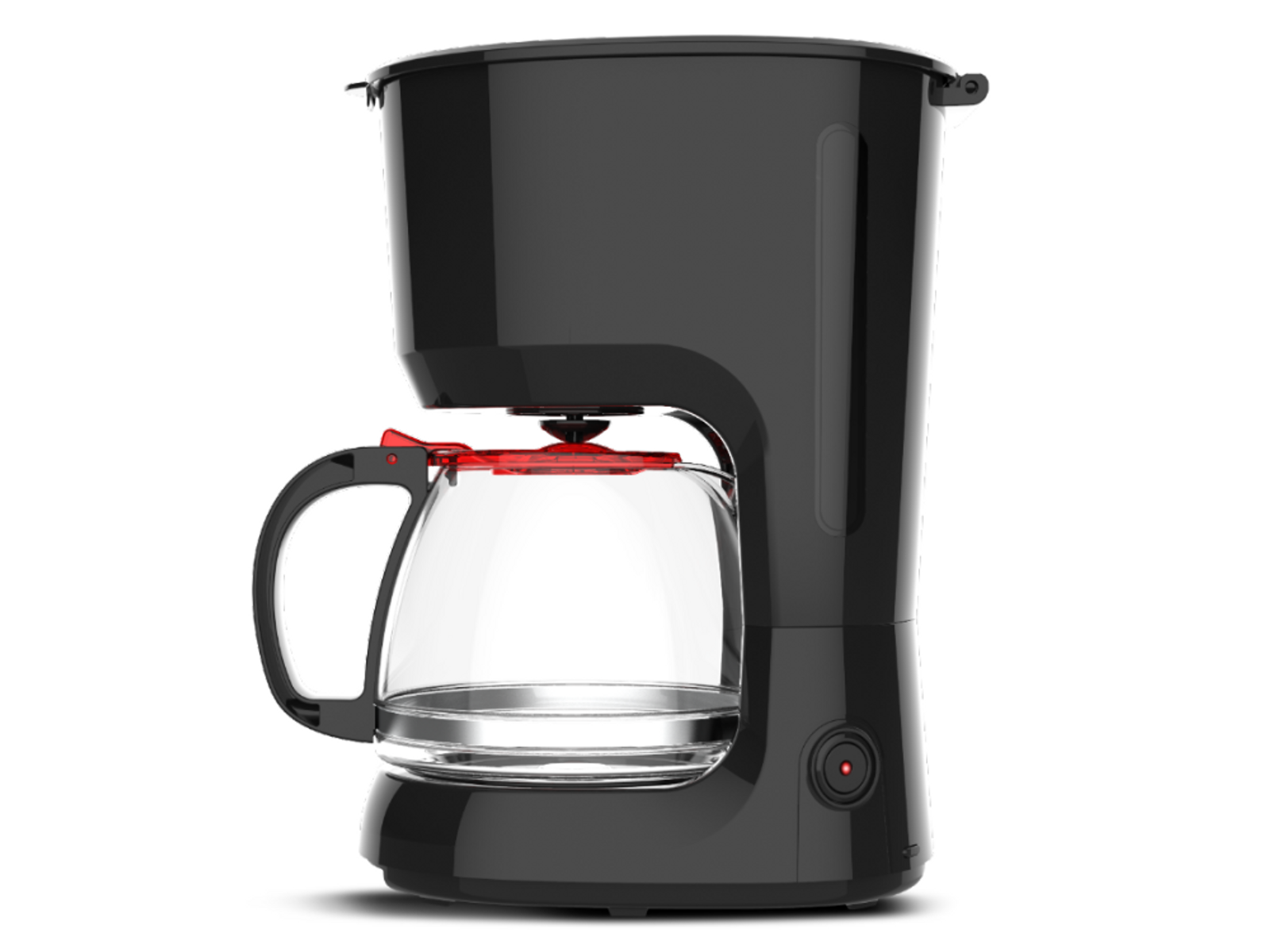 Czarny ekspres do kawy ze szklaną karafką i czerwonymi detalami, na białym tle.