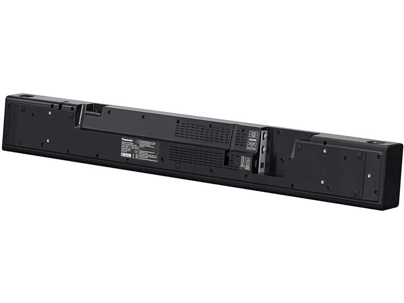 Schwarze Soundbar mit Anschlüssen auf der Rückseite, isoliert auf weißem Hintergrund.