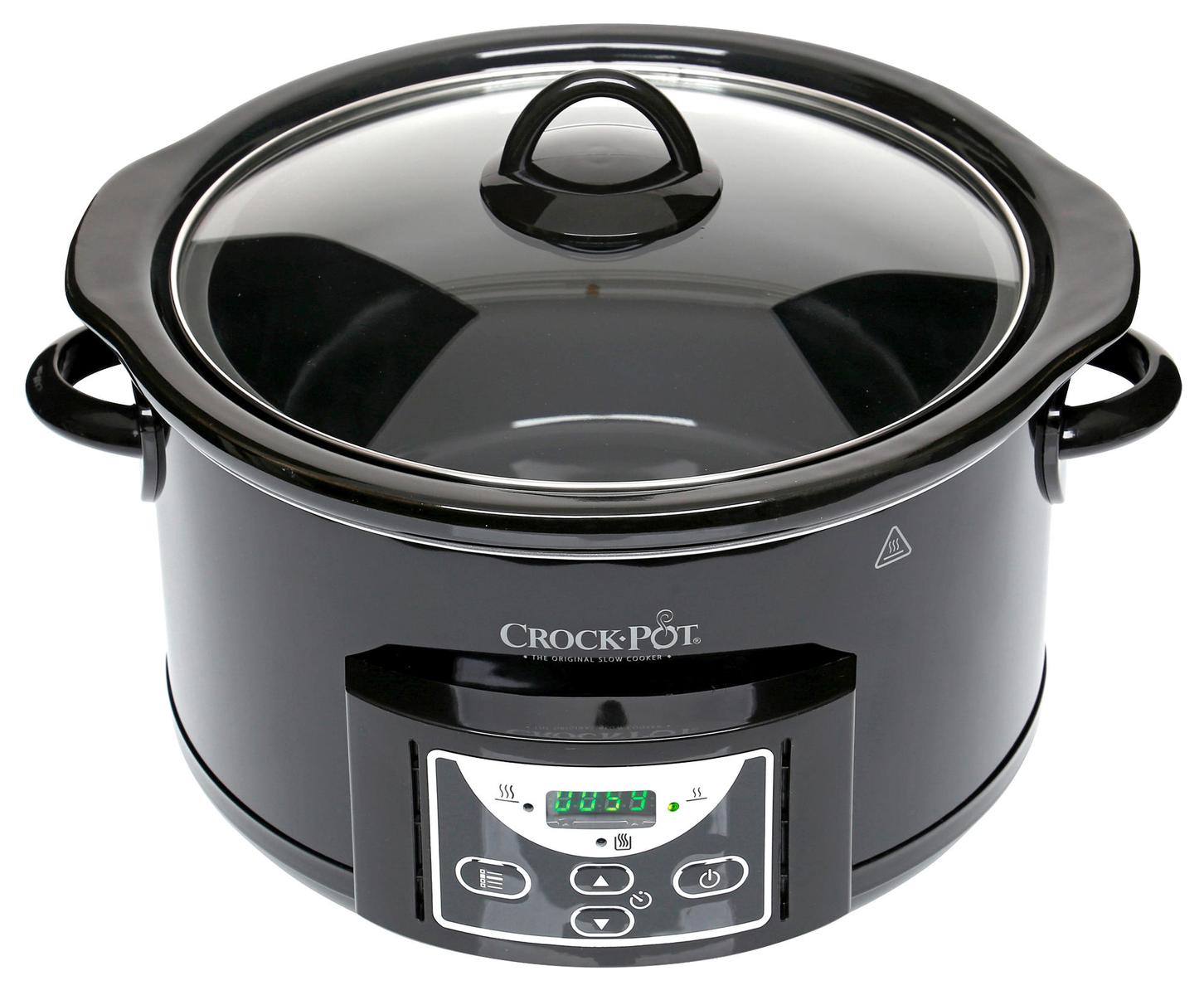 Czarny wolnowar Crock-Pot ze szklaną pokrywą i wyświetlaczem cyfrowym na białej powierzchni.