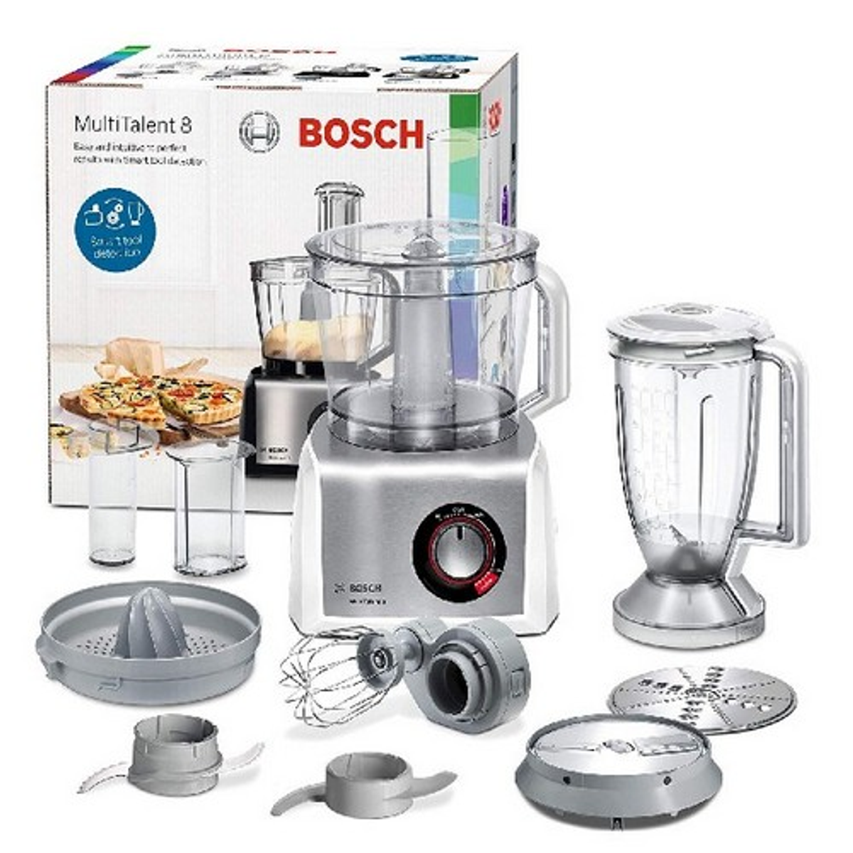 Procesador de alimentos Bosch con múltiples accesorios, incluyendo licuadora y cuchillas.