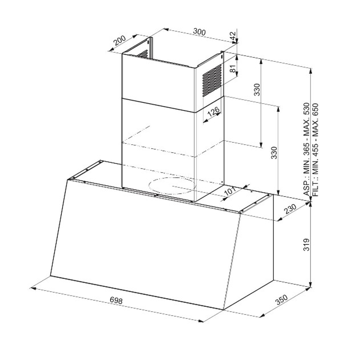 Dibujo técnico de una campana extractora, con dimensiones en milímetros, mostrando ángulos y tamaños.