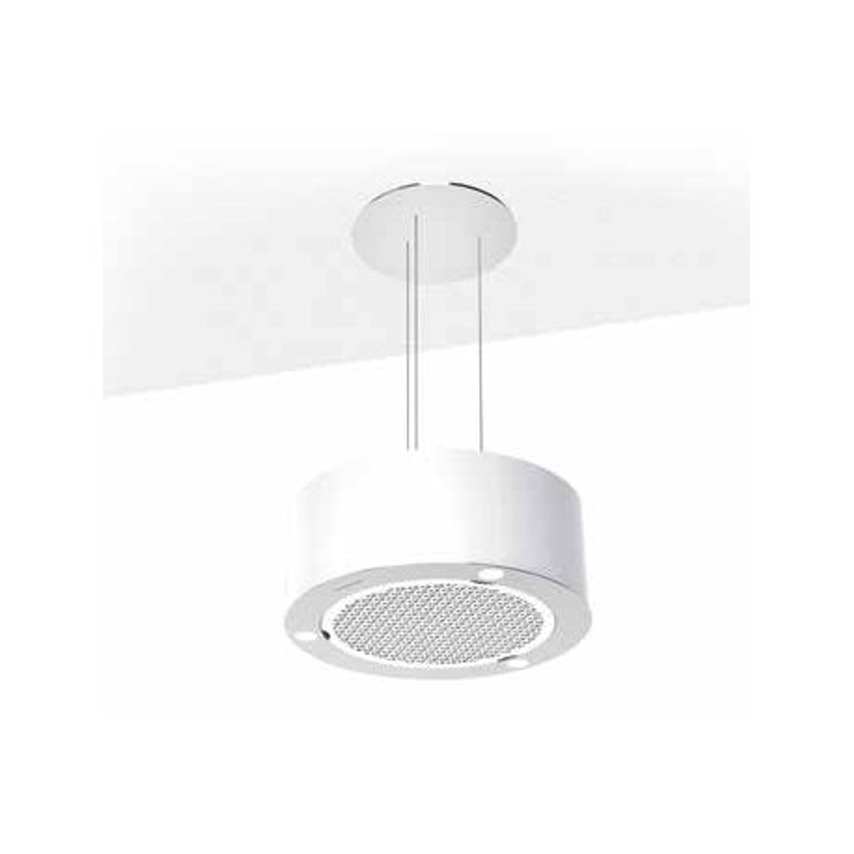 Una campana extractora blanca, redonda y colgante con una malla plateada y luces debajo.