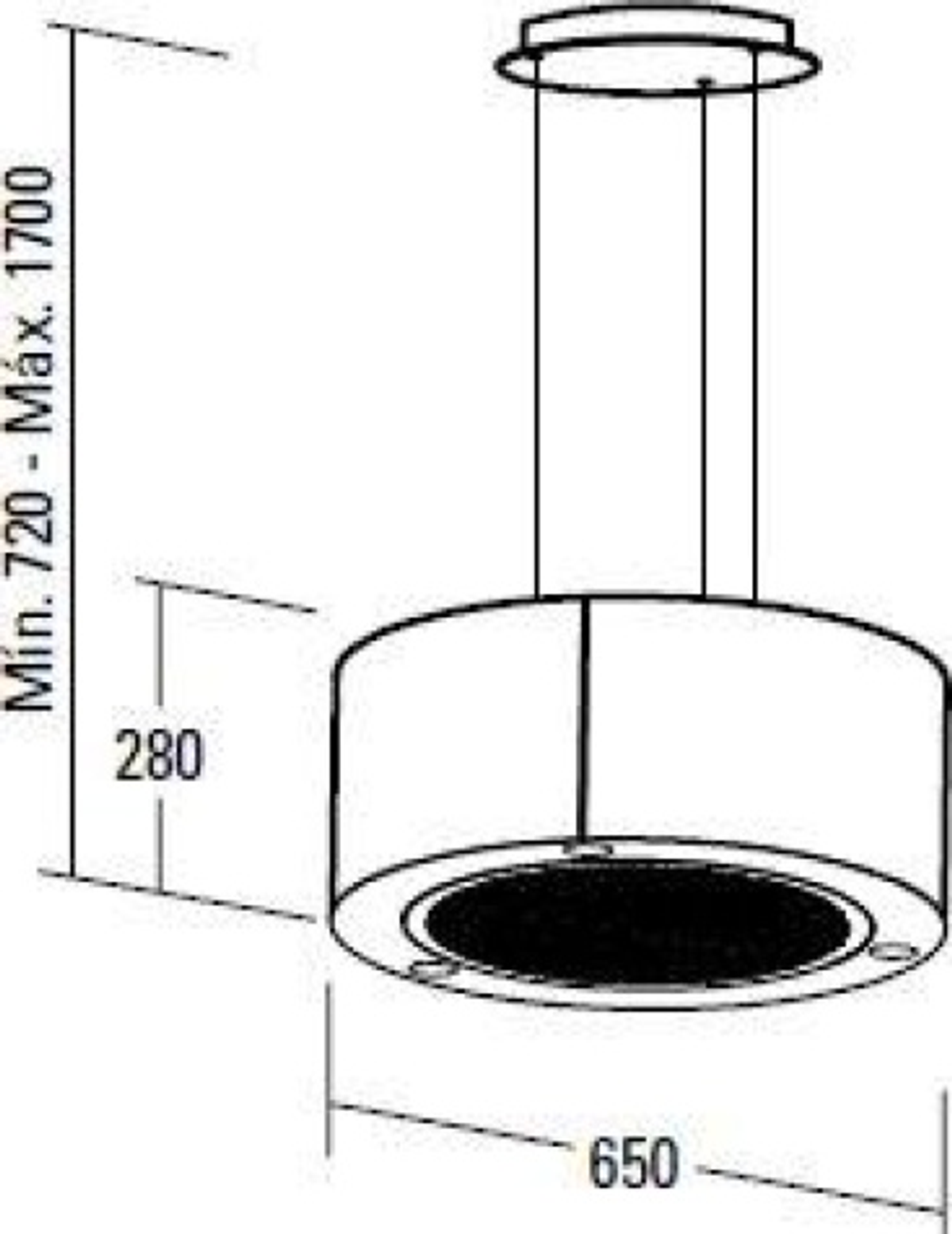 Dibujo técnico de campana extractora, mostrando dimensiones en milímetros y forma circular.