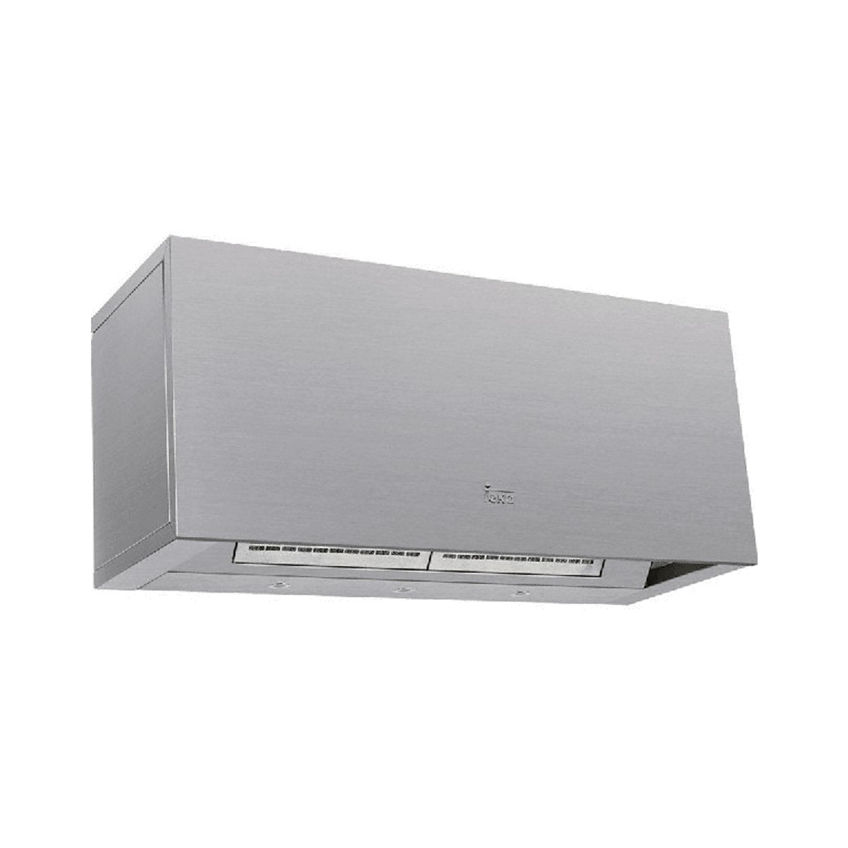 Cappa in acciaio inox su sfondo bianco. Ha una forma rettangolare.