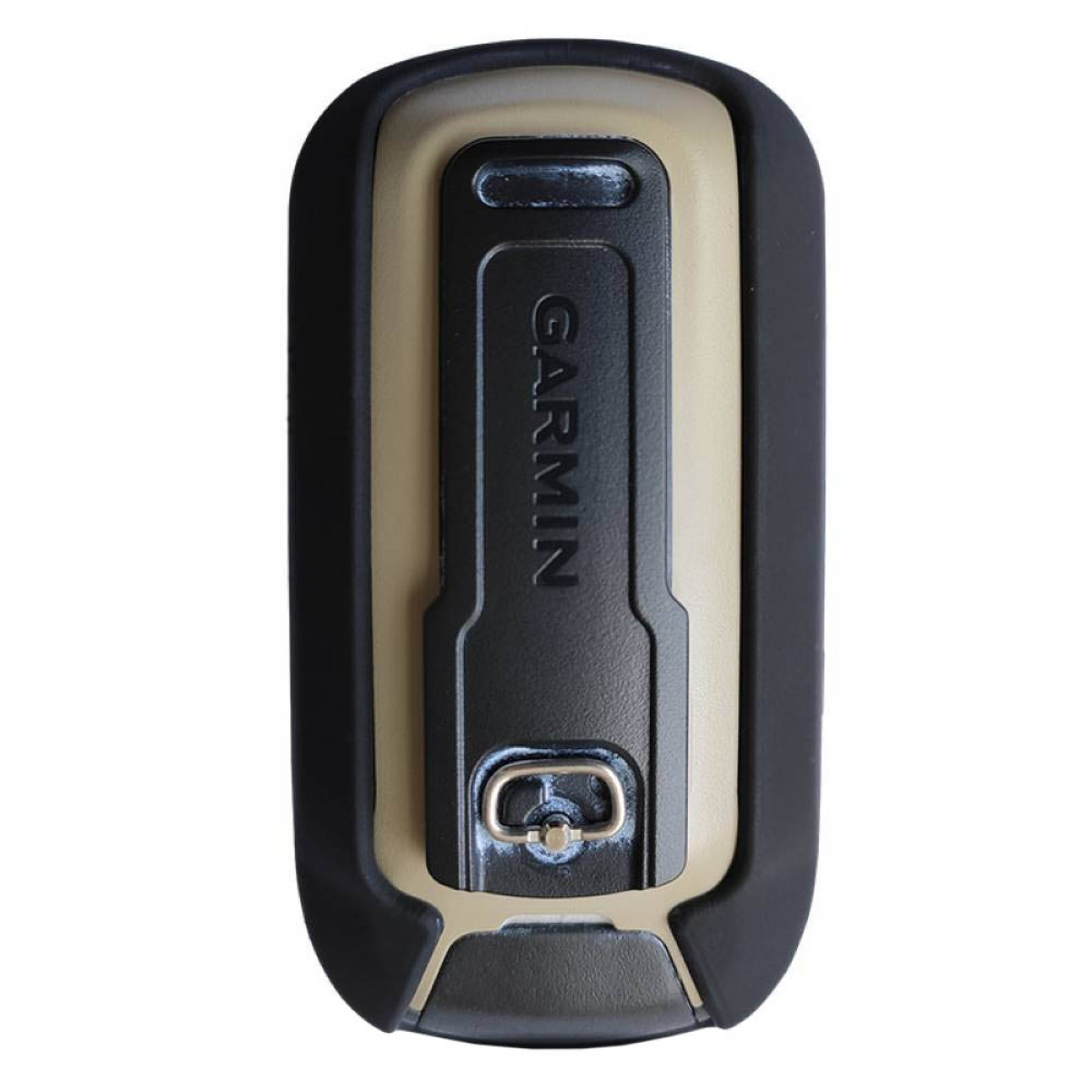 Eine hellbraune und schwarze Garmin GPS-Gerätehülle mit Garmin-Logo und Metallschlaufe.