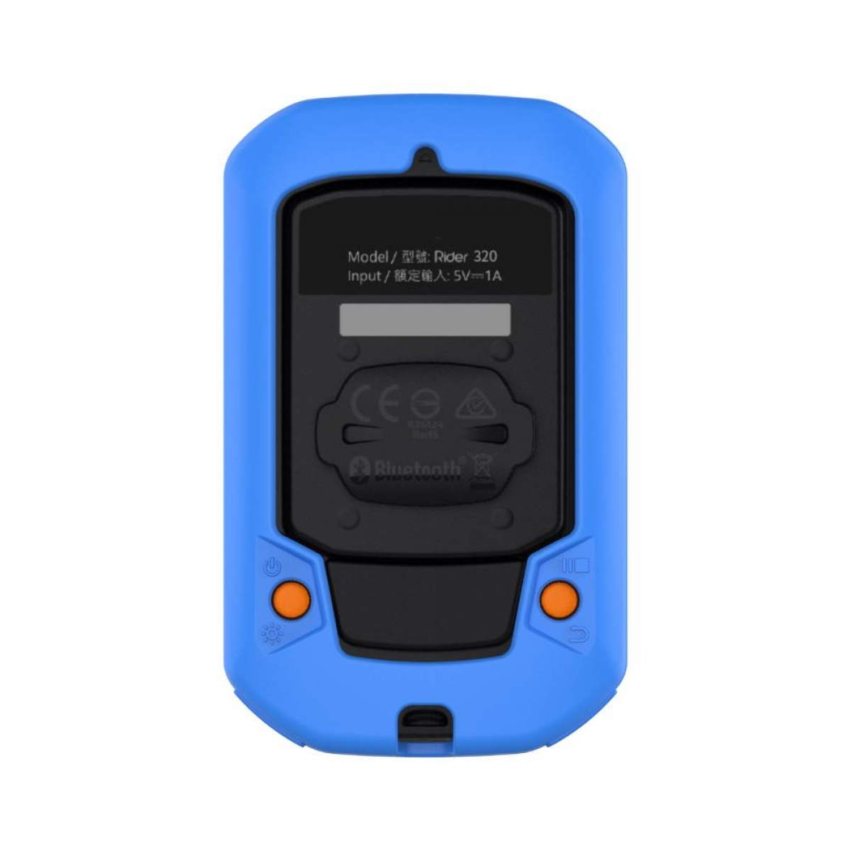 Geräterückseite, blaues Gehäuse, schwarzer Innenraum. Enthält Text und orangefarbene Knöpfe. Bluetooth- und CE-Zeichen.