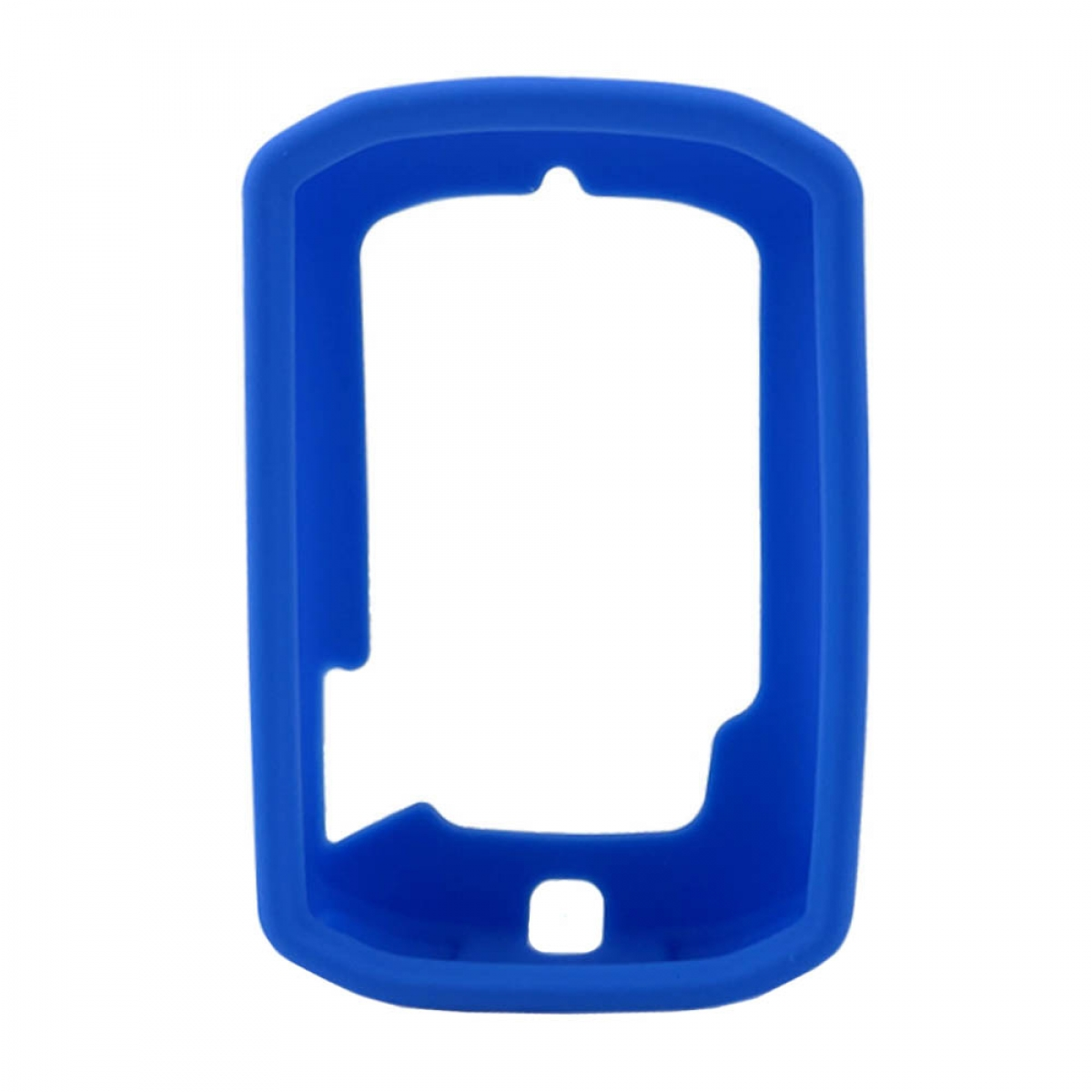 Eine blaue Silikonhülle für ein Gerät. Die Hülle wird von vorne gezeigt und hat ein Loch.