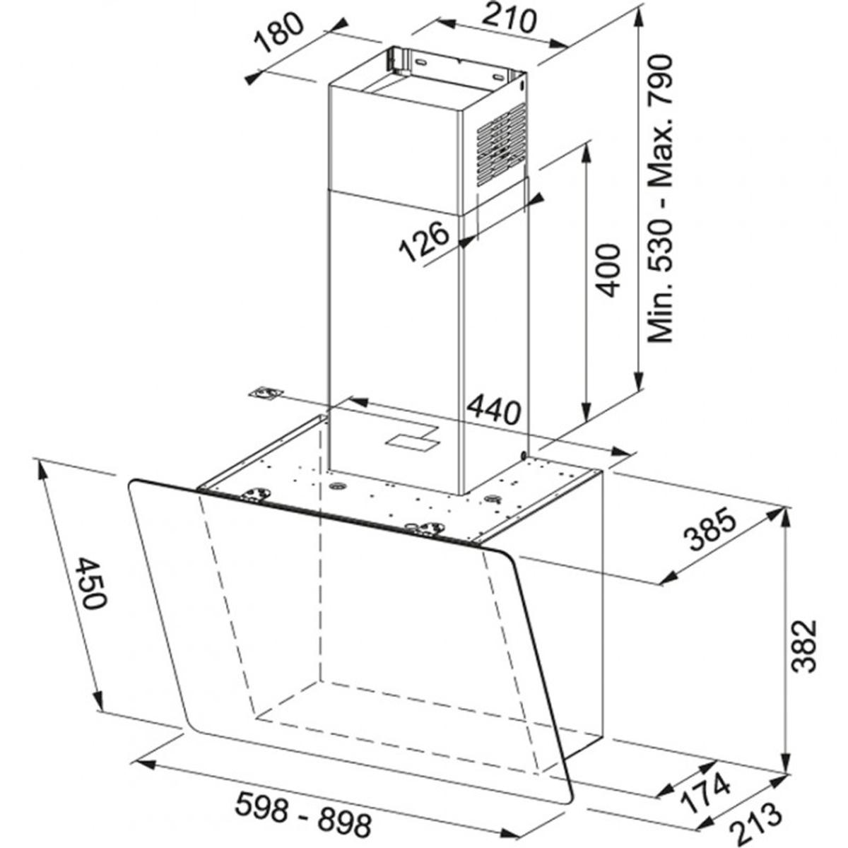 Dibujo técnico de campana extractora con dimensiones.