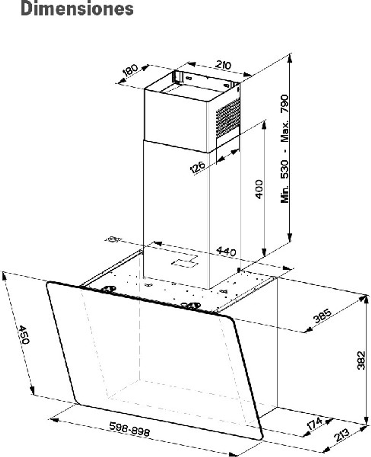 Diagrama de una campana extractora con dimensiones etiquetadas en milímetros e instrucciones de instalación.