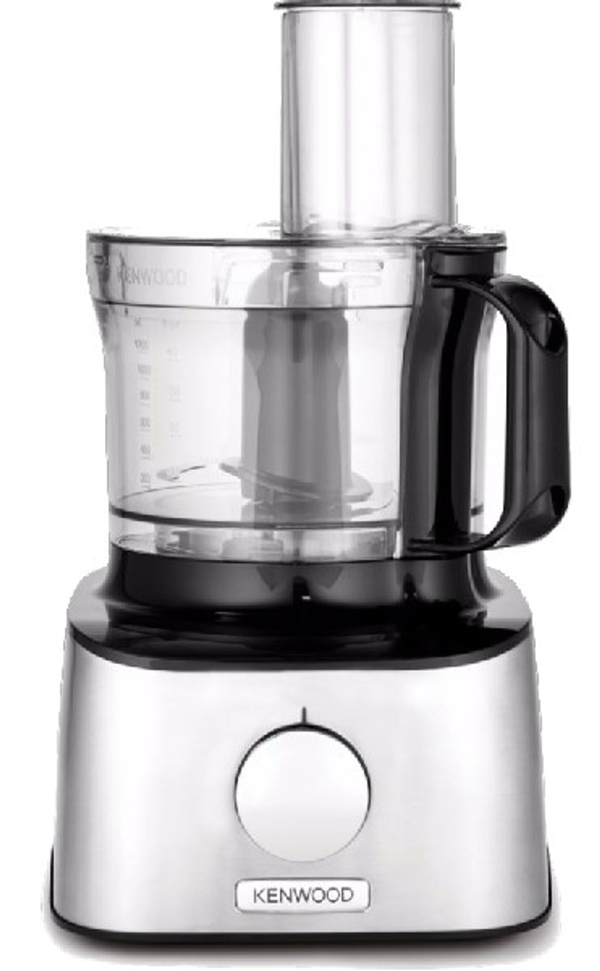 Silver food processor with a black handle and a clear container on top of a silver base.
