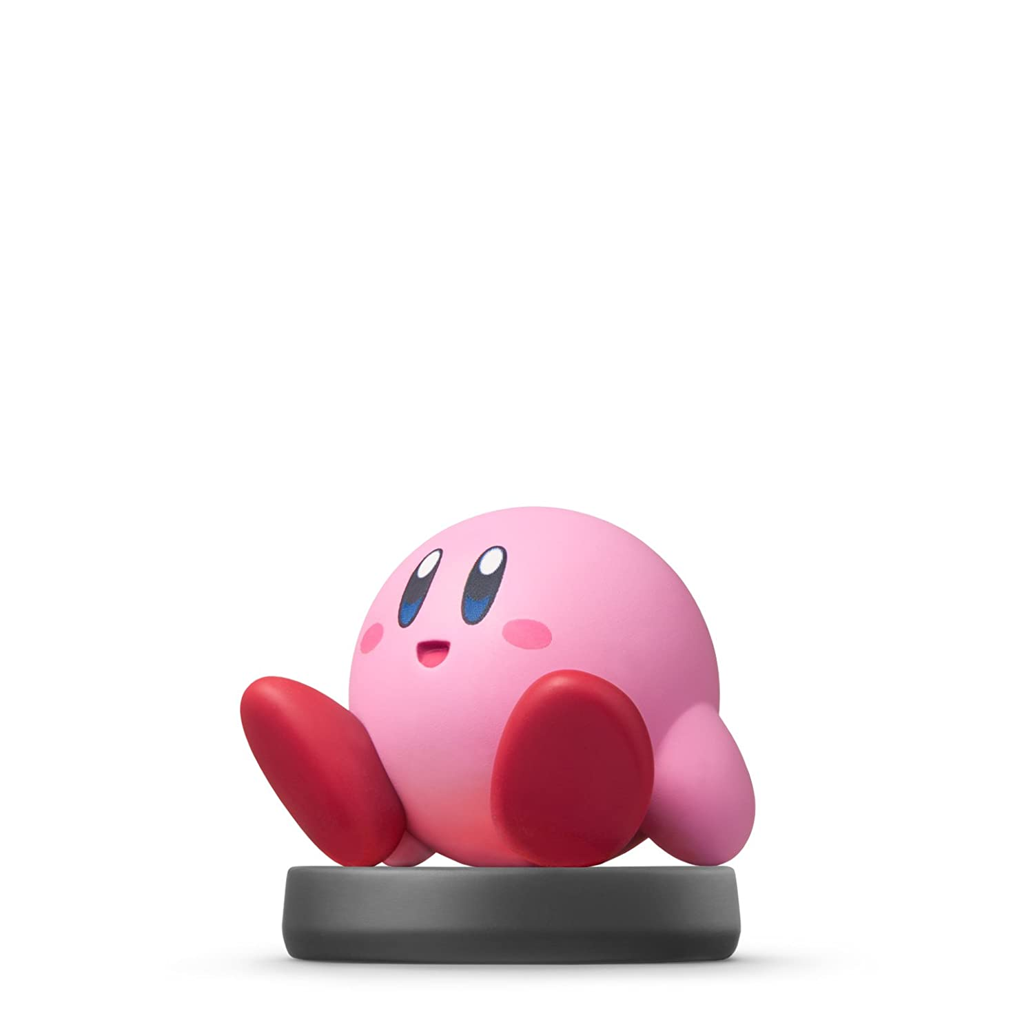 Pinkfarbene Kirby-Figur auf einem grauen Ständer. Kirby sitzt und lächelt. Weißer Hintergrund.