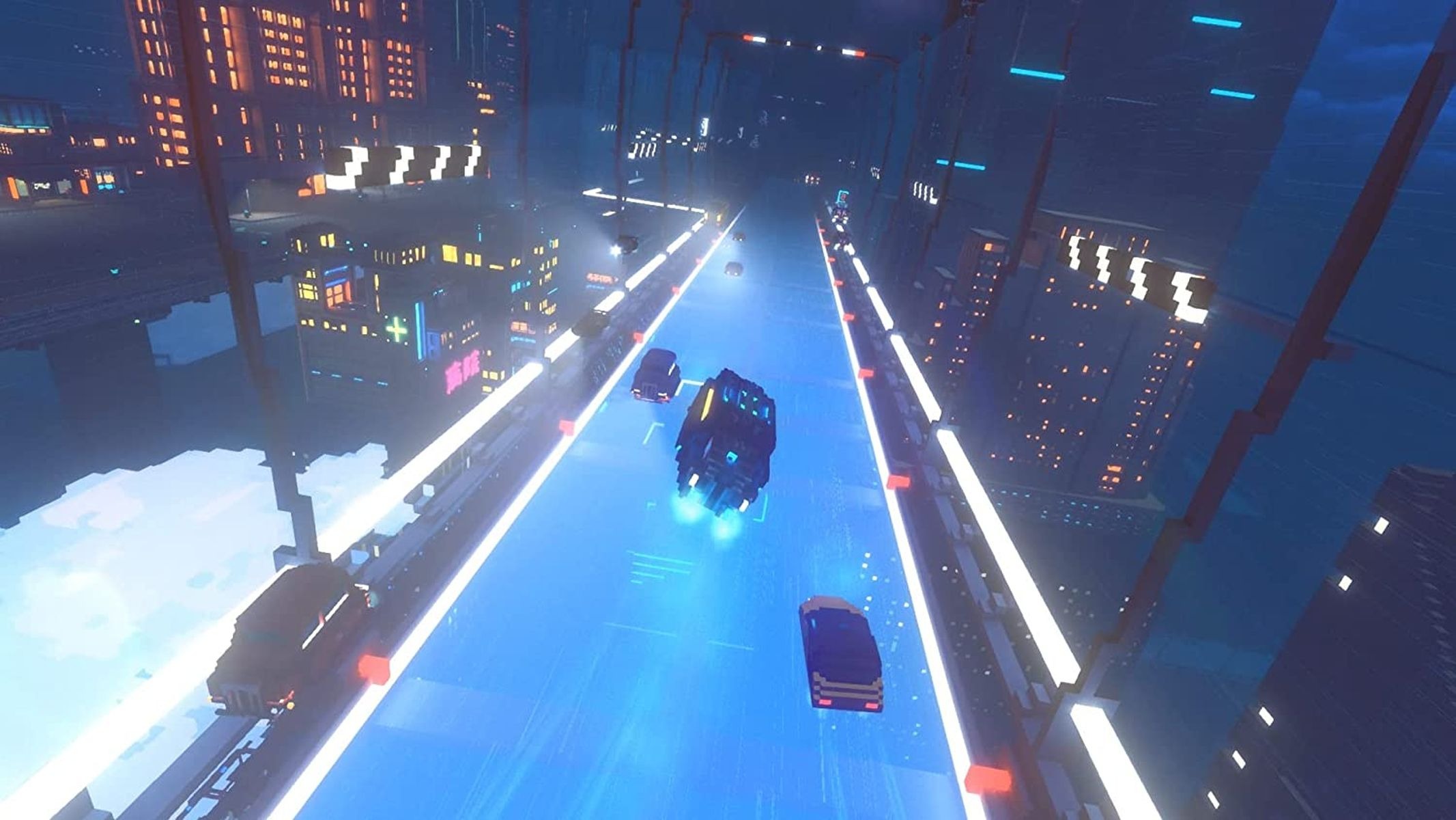 Futuristische Stadtbrücke mit Autos. Gebäude auf beiden Seiten. Blaue Beleuchtung und Reflexionen.