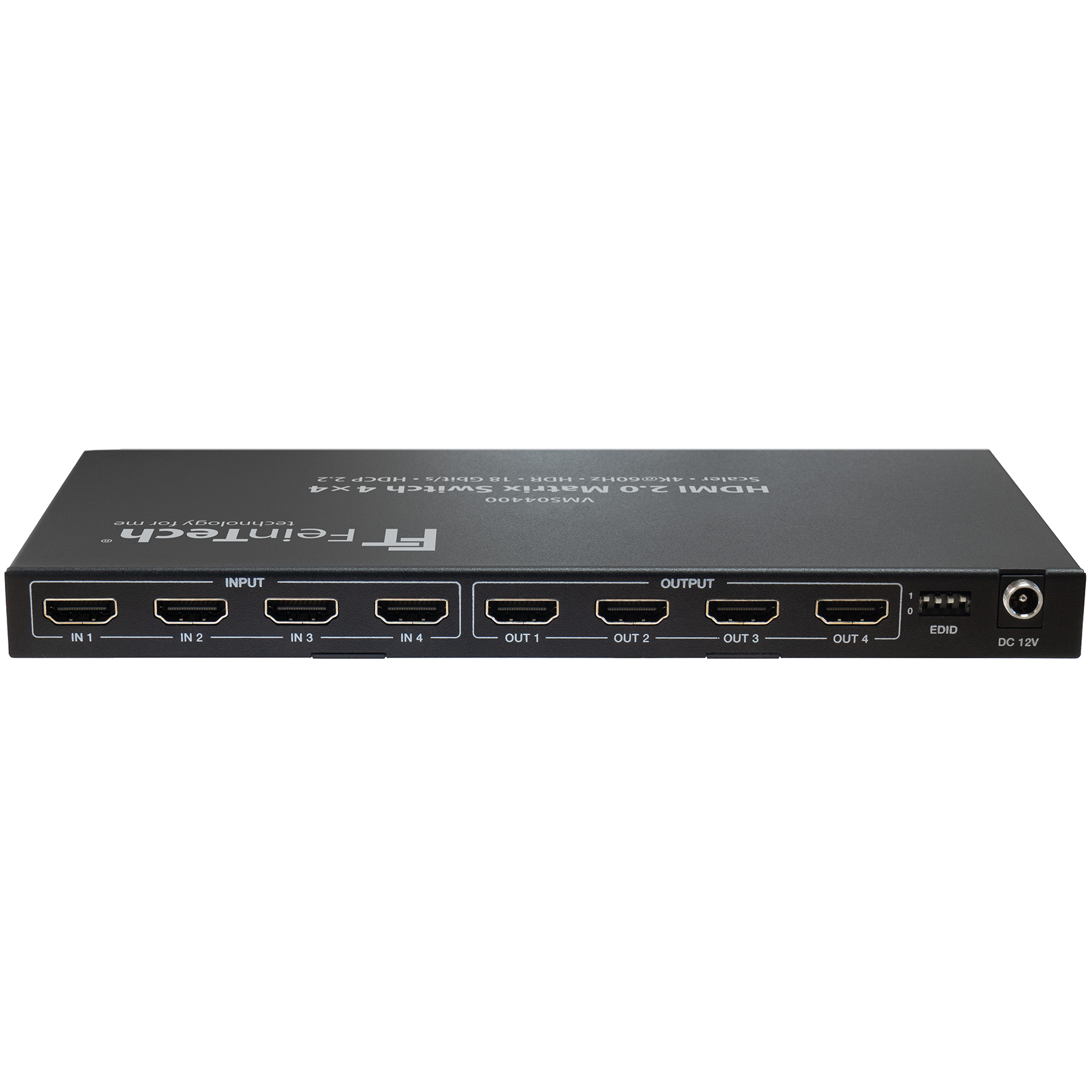Schwarzer HDMI-Matrix-Switch mit Anschlüssen mit der Bezeichnung IN und OUT.