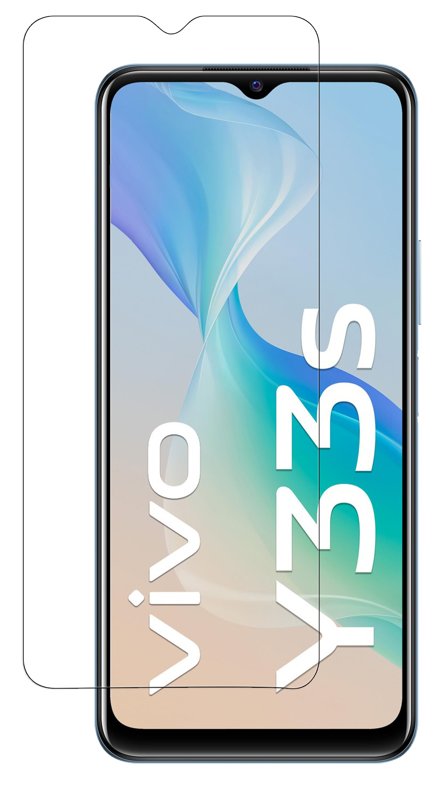Smartphone mit angebrachter Displayschutzfolie. Text 'VIVO Y33S' sichtbar. Klare Displayschutzfolie.