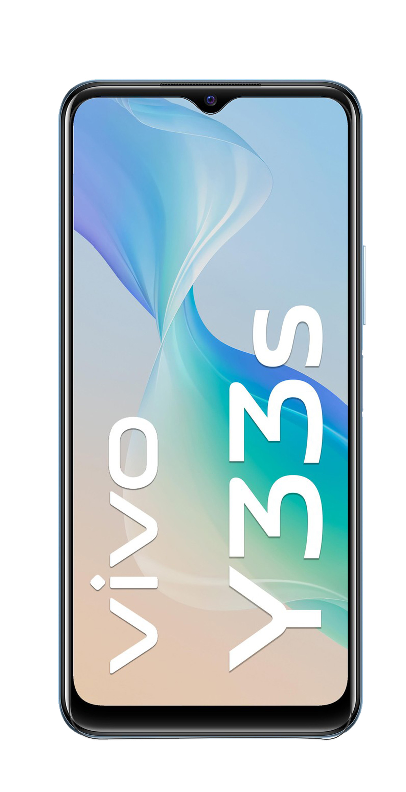 Ein Vivo Y33s Smartphone mit blauem Rahmen und Farbverlaufshintergrund auf dem Bildschirm, zeigt den Namen des Telefons.
