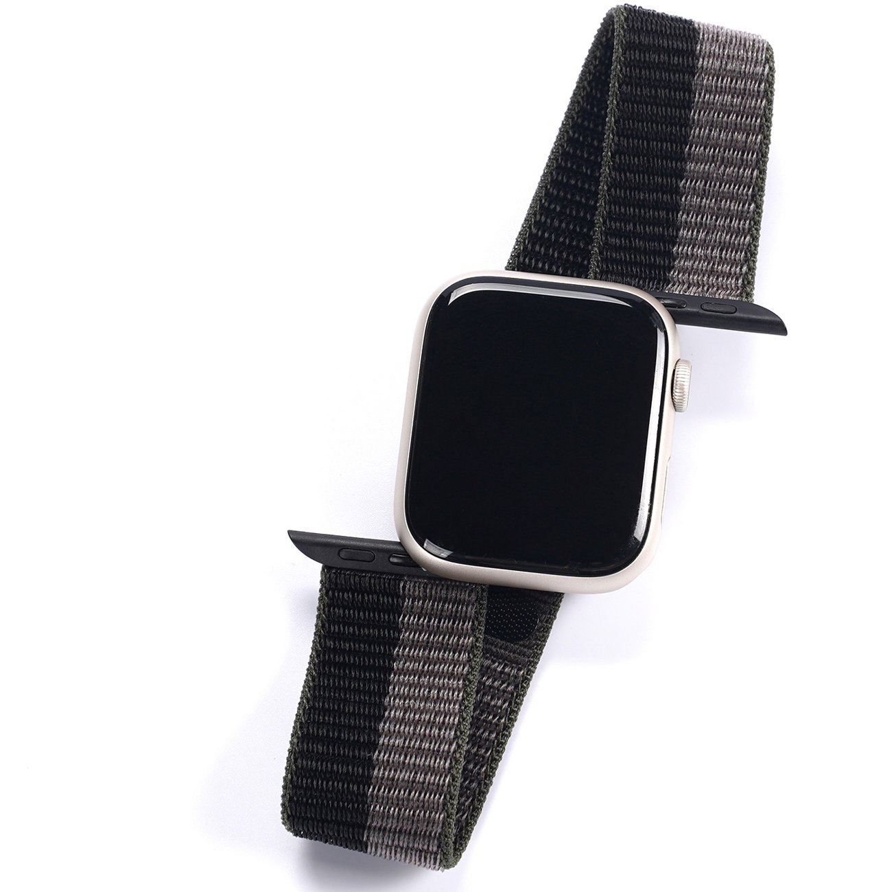 Eine schwarze Smartwatch mit einem grünen und grauen Armband, von oben auf einer weißen Oberfläche gezeigt.