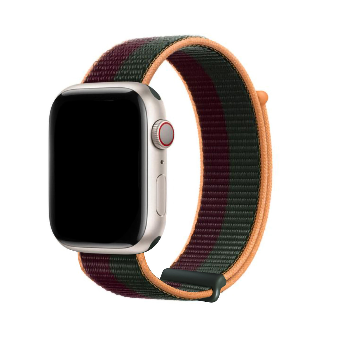 Silberne Apple Watch mit gestreiftem grünem, rotem und orangefarbenem Armband. Das Band wickelt sich herum.