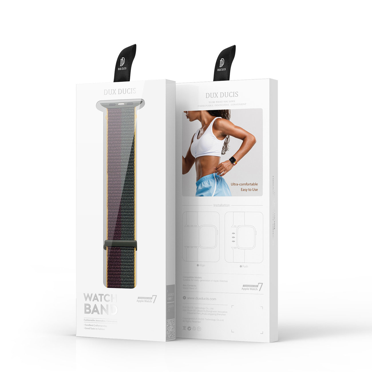 Uhrenarmband-Verpackung. Zeigt ein Uhrenarmband mit buntem Stoffarmband und eine Frau beim Laufen.