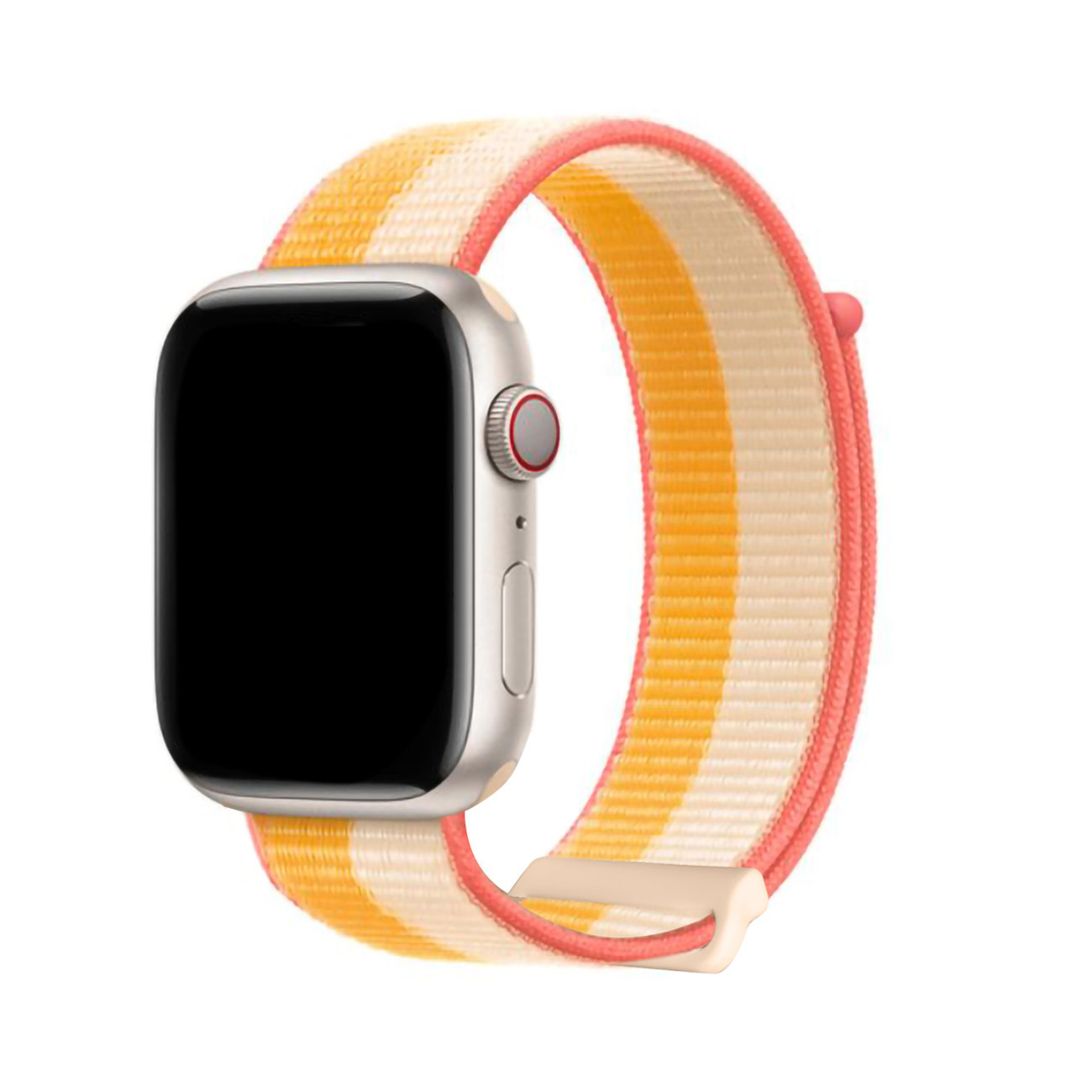Apple Watch mit gelb-weiß gestreiftem Sportarmband, silbernem Gehäuse, schwarzem Bildschirm.