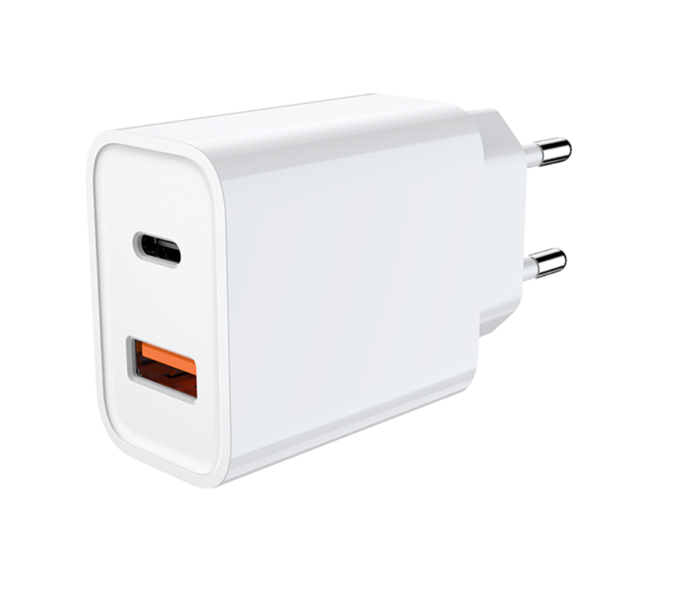 Weißes USB-Ladegerät mit USB-C- und USB-A-Anschluss. Es hat zwei Stifte für eine europäische Steckdose.