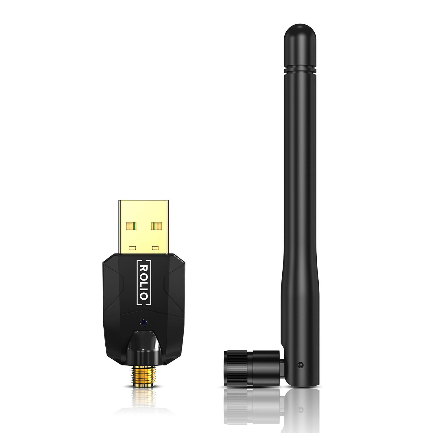 Schwarzer USB-Adapter und Antenne. Adapter mit goldenem Stecker, schwarze Antenne.