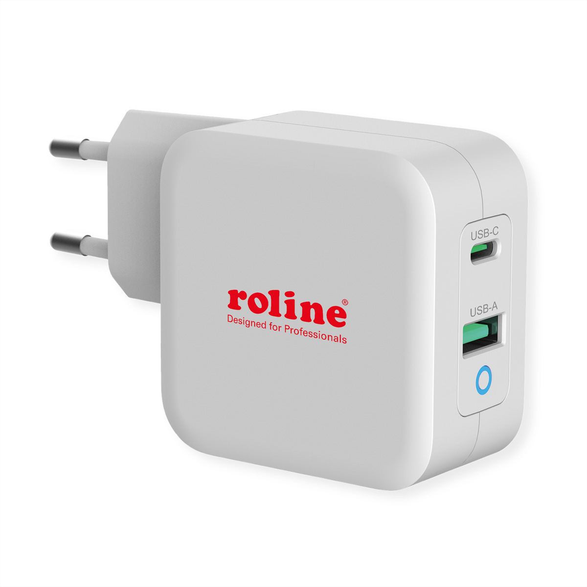 Adaptateur secteur Roline blanc avec deux ports USB, USB-C et USB-A, avec une lumière bleue.