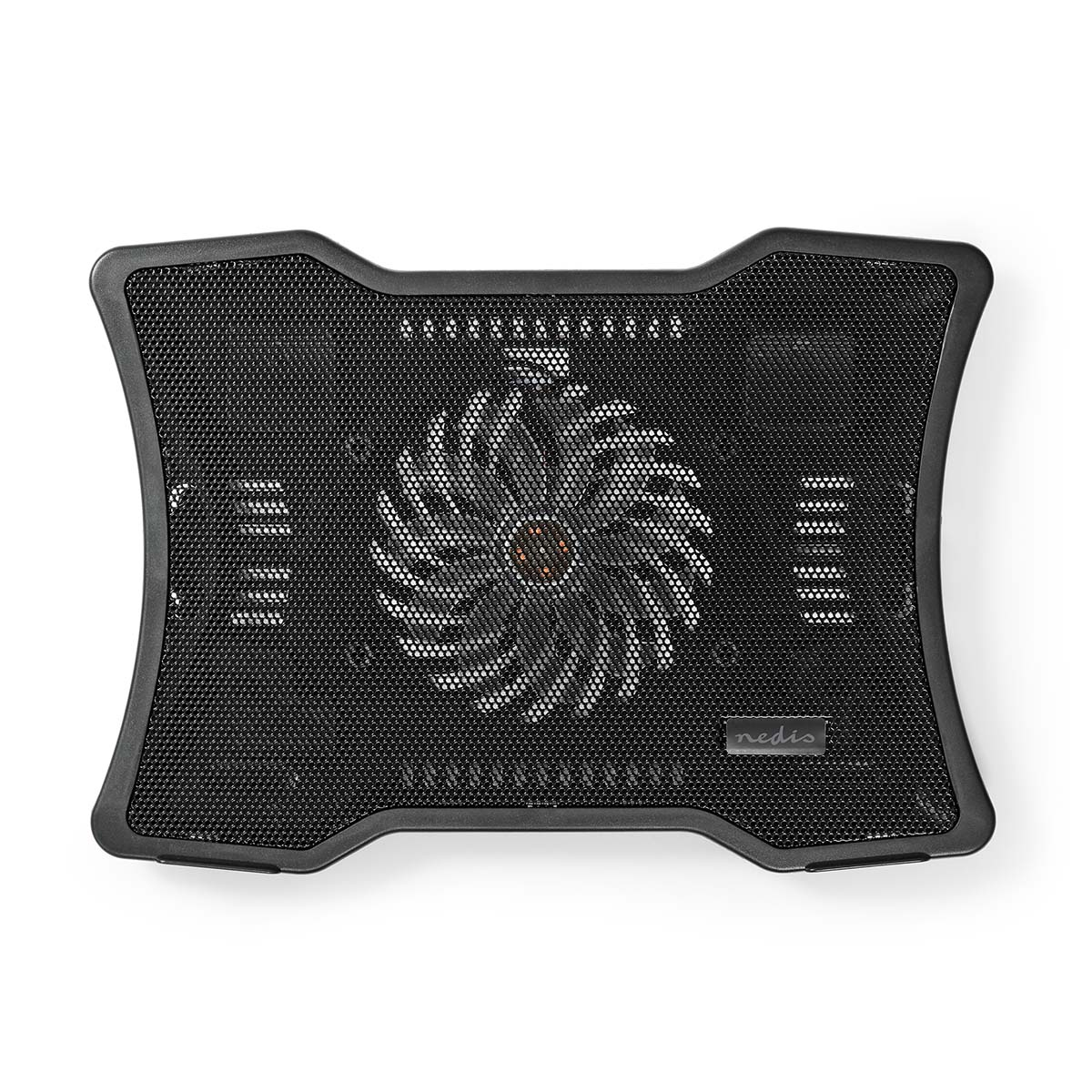 Schwarzer Laptop-Kühler mit Lüfter. Mesh-Oberfläche.