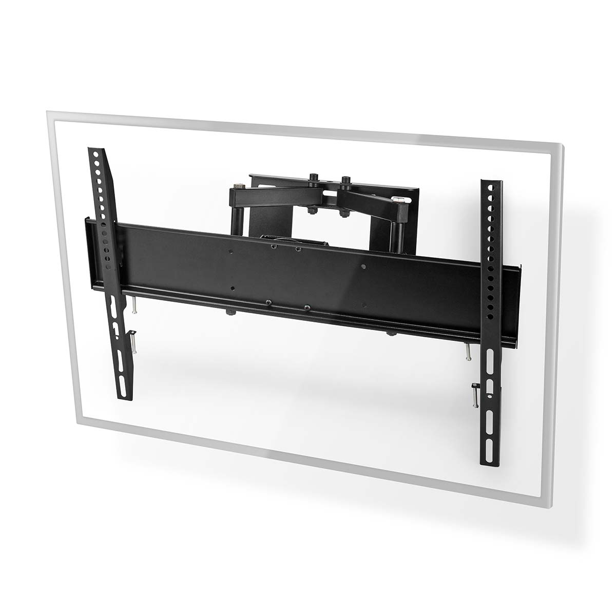 Schwarze TV-Halterung an einer weißen Wand. Schrauben und andere Teile sind sichtbar.