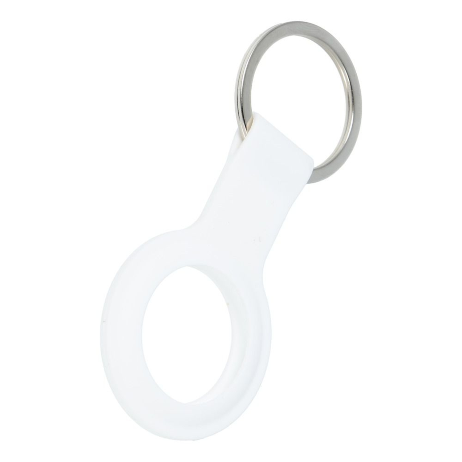 Weißer AirTag-Halter mit silbernem Ring auf weißem Hintergrund.