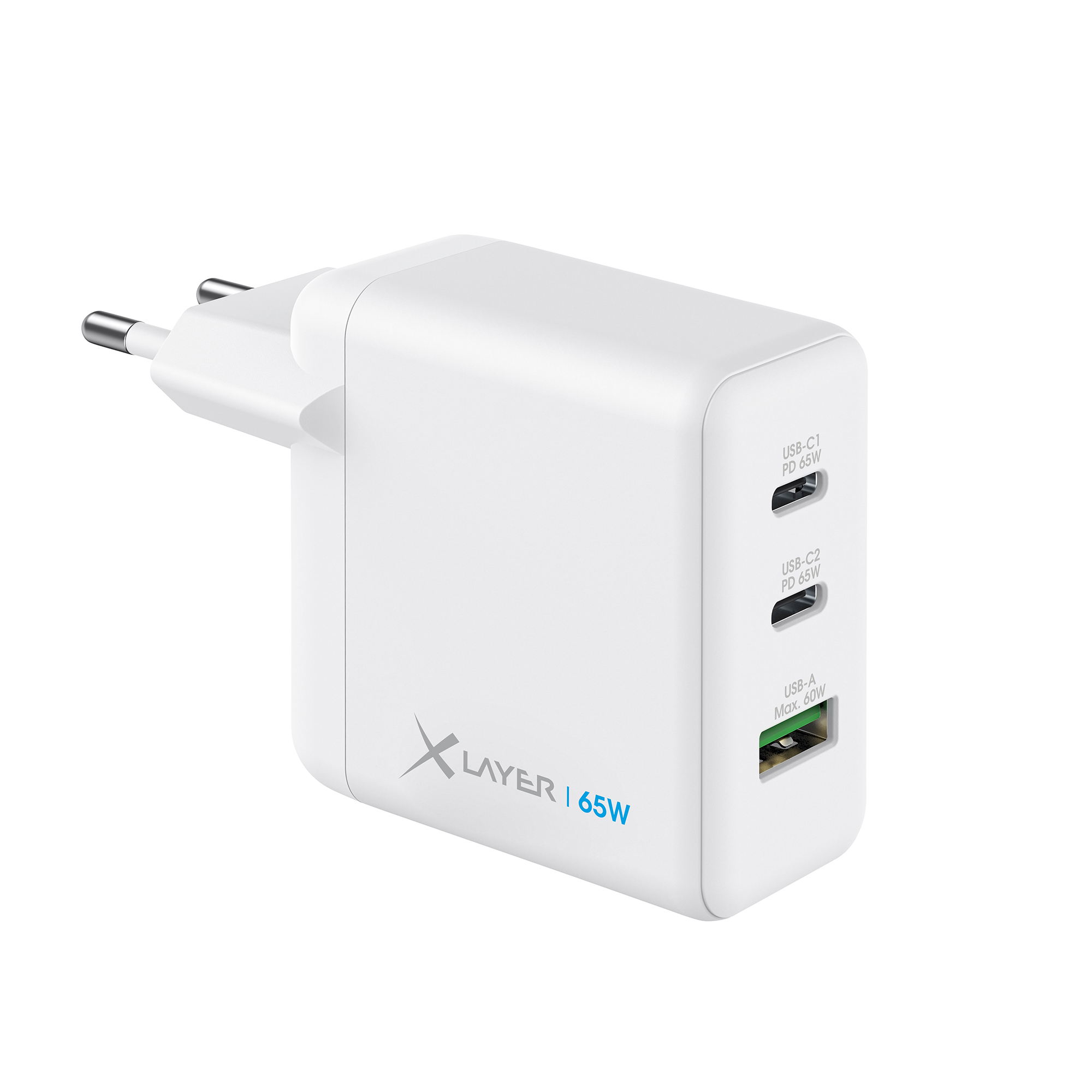 Ein weißes 65W USB-C-Ladegerät mit USB-A- und USB-C-Anschlüssen.