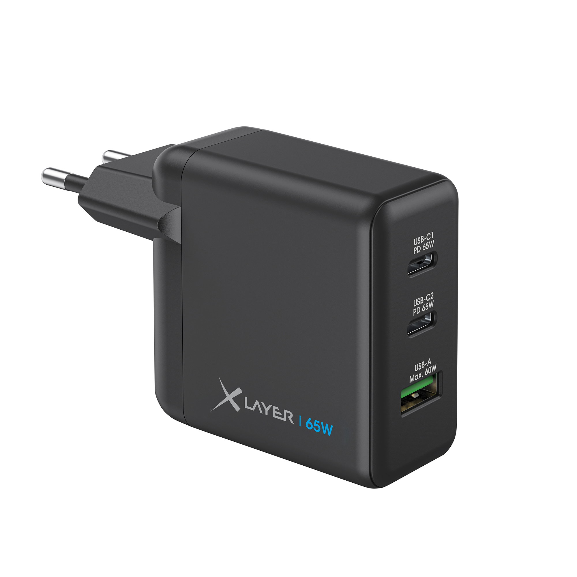 Schwarzer Netzadapter mit 3 Anschlüssen. Er hat ein weißes X Layer-Logo. Der Hintergrund ist weiß.