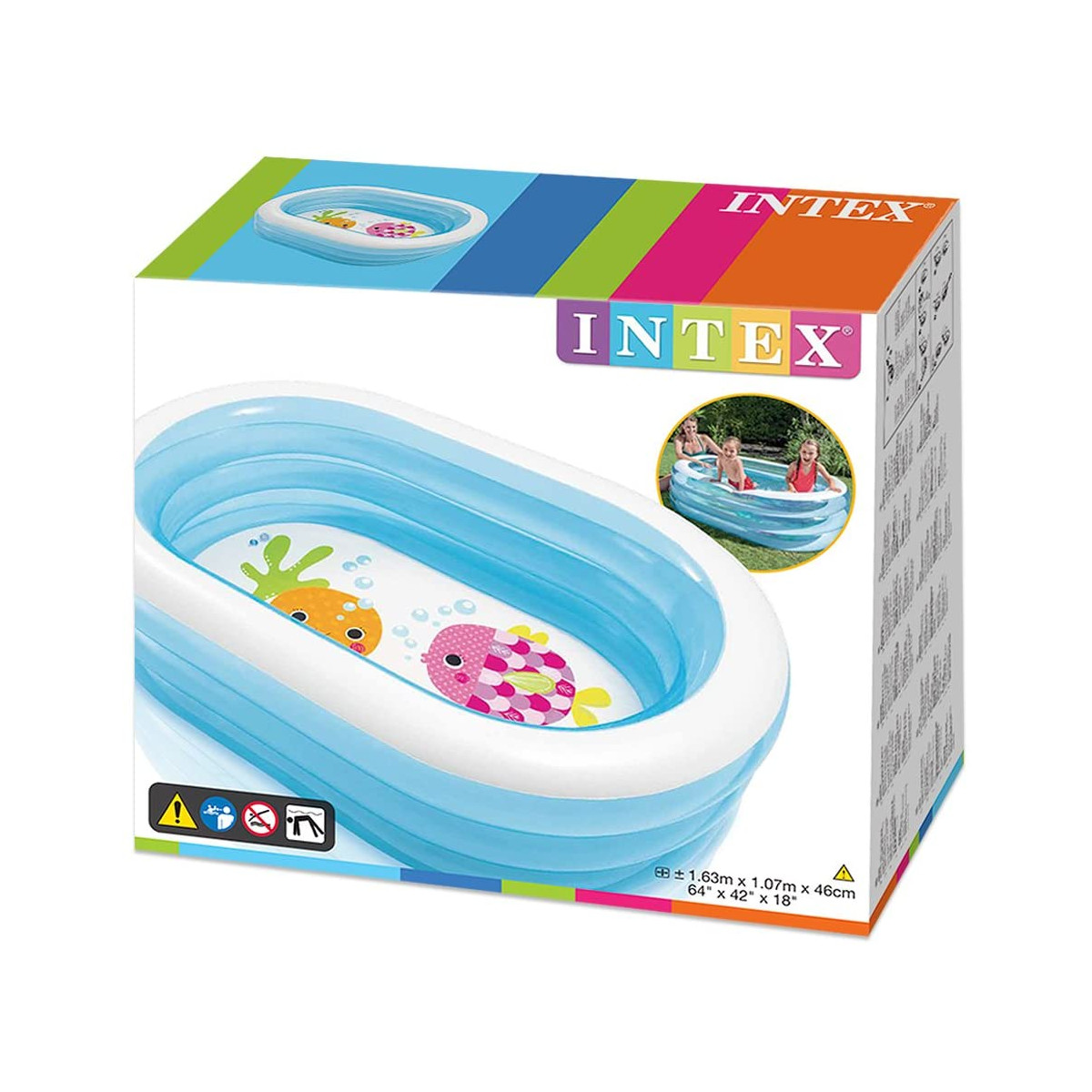 Poolbox mit blauem Pool. Die Box zeigt den Pool im Einsatz mit Kindern.