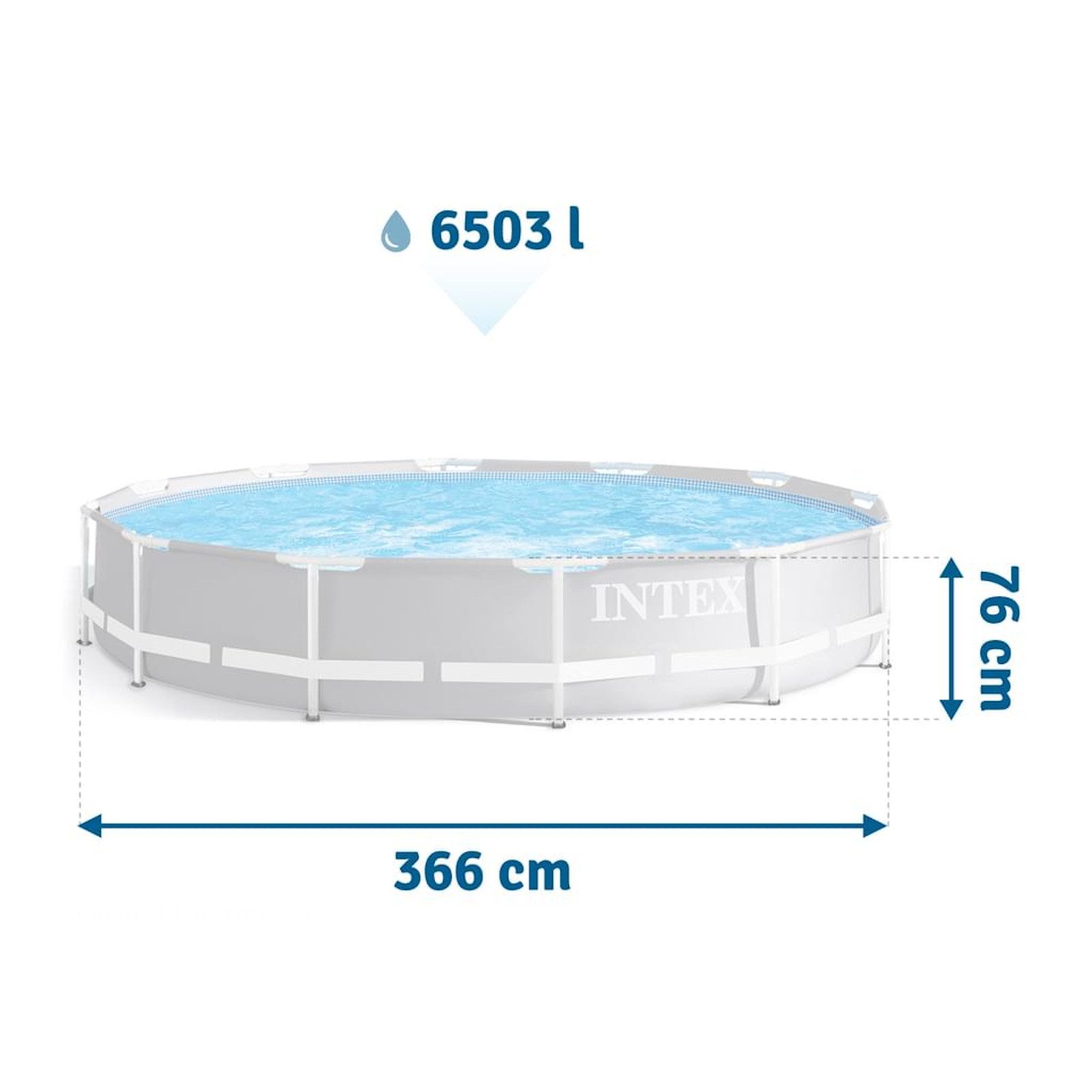 Ein runder Intex-Aufstellpool mit den angegebenen Abmessungen: 366 cm Durchmesser und 76 cm Höhe.