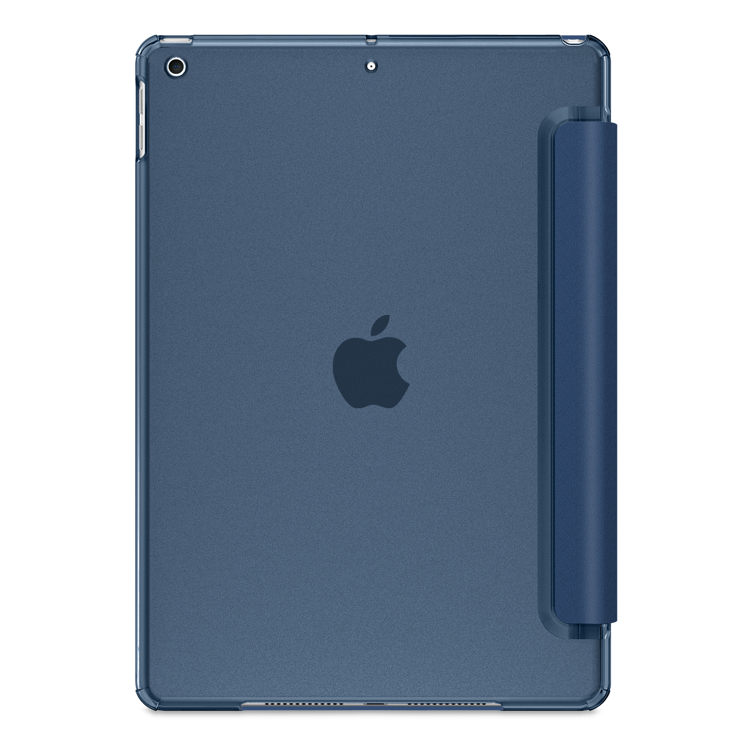 Blaue Tablethülle, Rückansicht. Apple-Logo sichtbar. Hülle hat eine Abdeckung auf der rechten Seite.