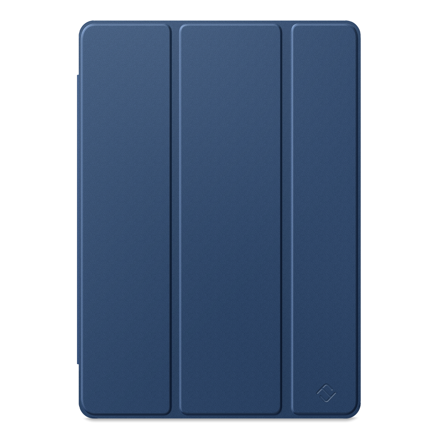 Blaue, dreifach gefaltete Tablet-Hülle auf weißem Hintergrund. Die Hülle ist geschlossen.