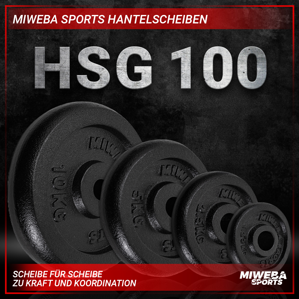 Hantelscheiben mit Text: HSG 100, Miweba Sports.