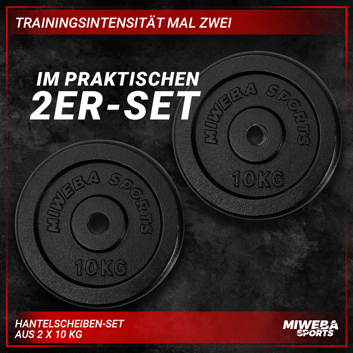 Zwei schwarze Hantelscheiben mit weißem Text auf rotem Hintergrund.