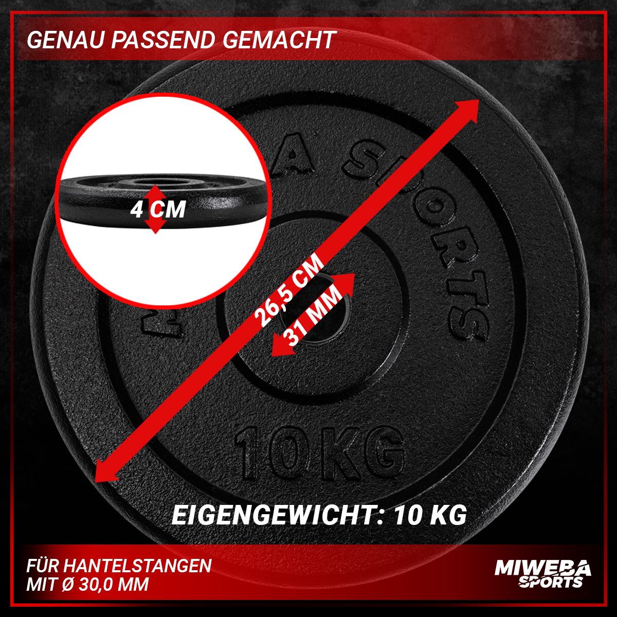 Schwarze Gewichtsplatte mit Messungen und Text, vor schwarzem Hintergrund mit Pfeilen.