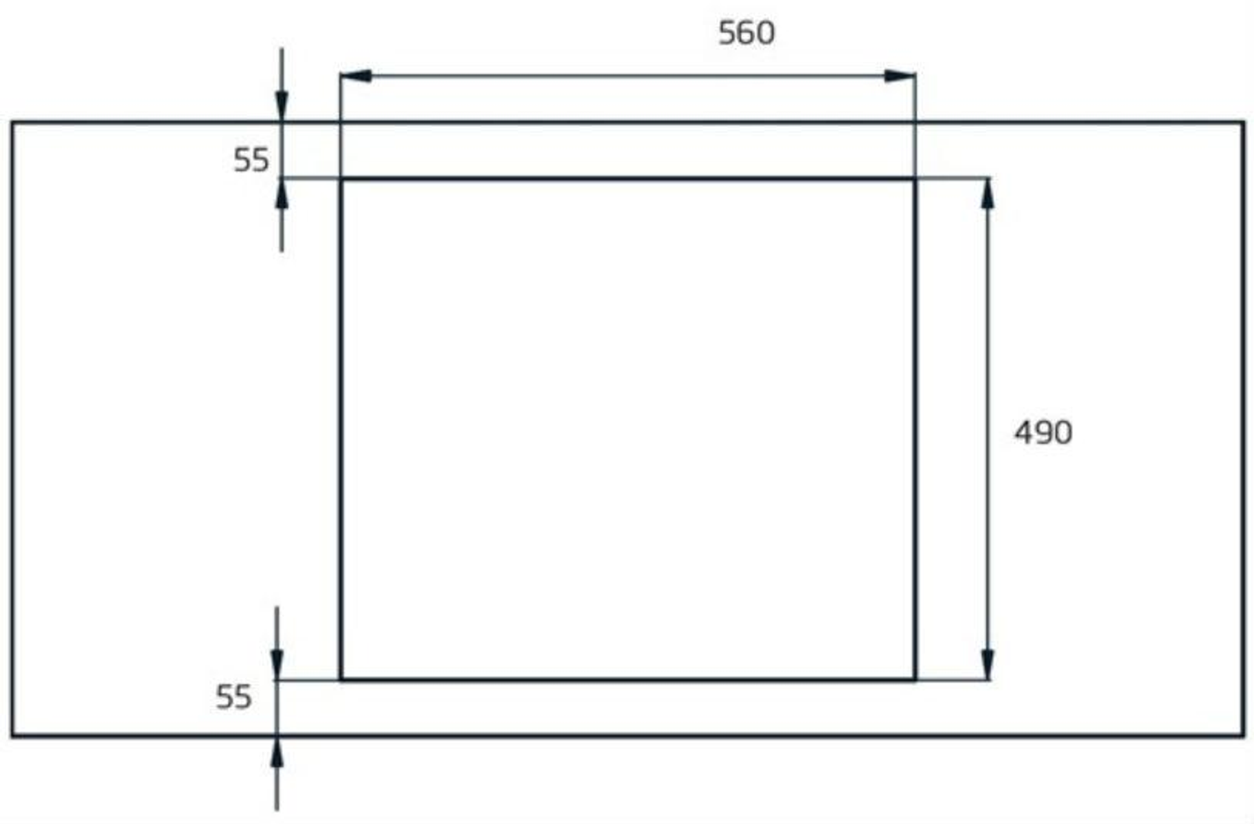 Un esquema de una pantalla de TV con dimensiones de 560 mm x 490 mm, con bordes de 55 mm.