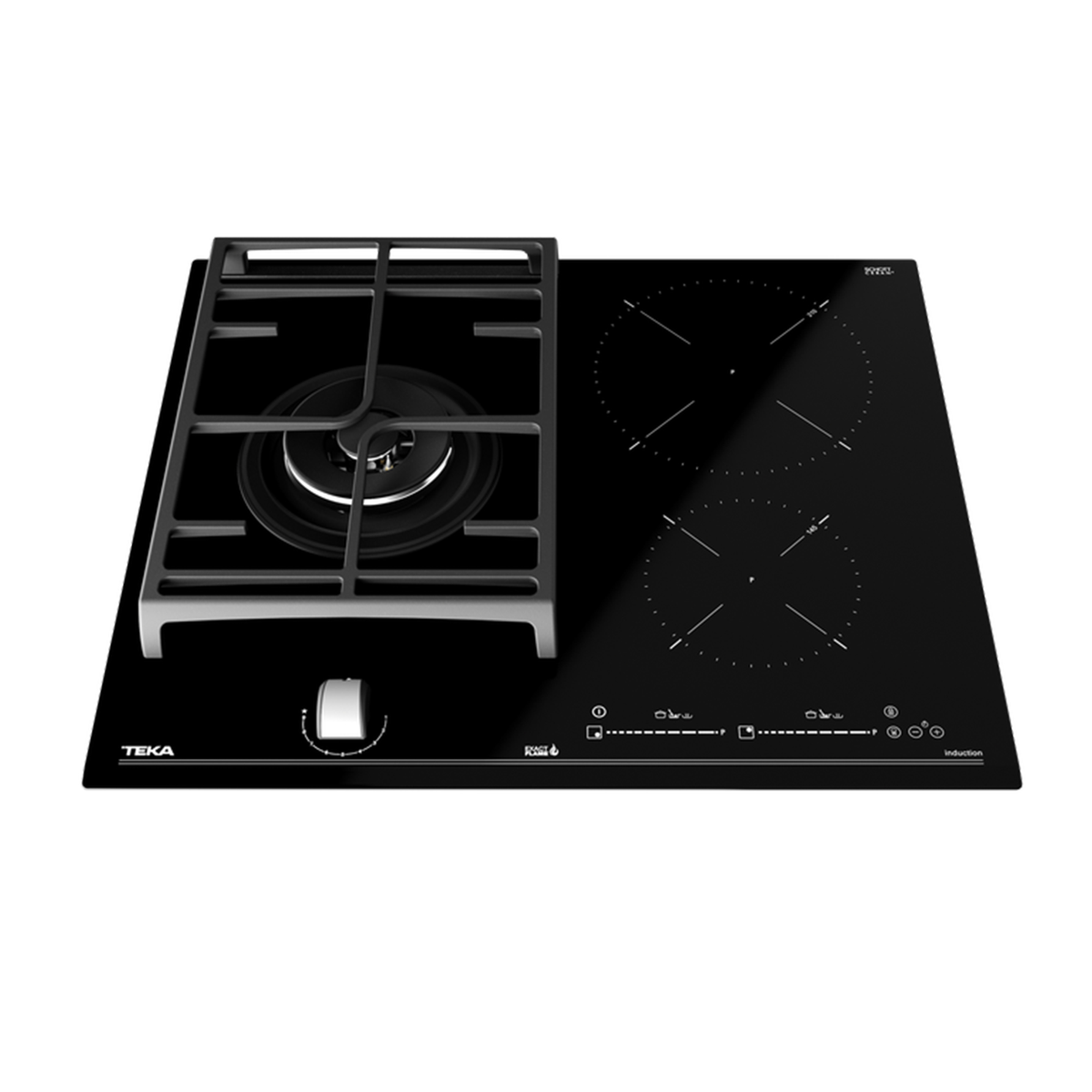 Czarna płyta indukcyjna z palnikiem gazowym po lewej stronie, czarne tło.