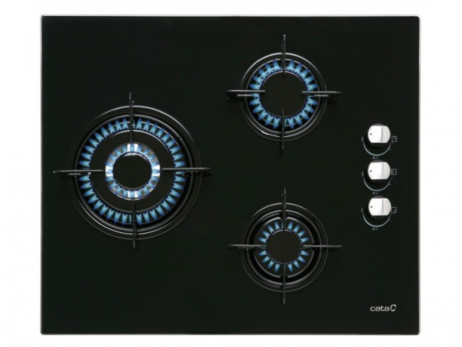 Czarna płyta indukcyjna z trzema okrągłymi strefami gotowania i sterowaniem dotykowym.