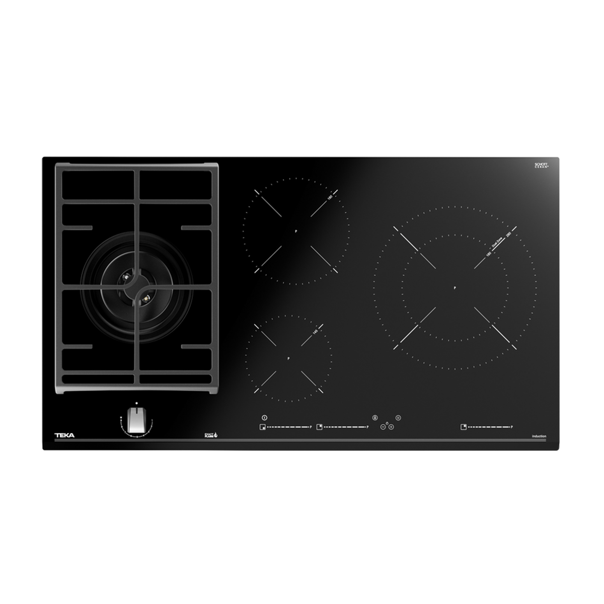 Czarna płyta indukcyjna z czterema strefami gotowania. Palnik gazowy po lewej stronie.