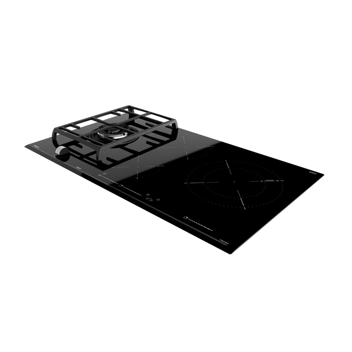 Czarna płyta indukcyjna z palnikiem gazowym. Czarne tło.